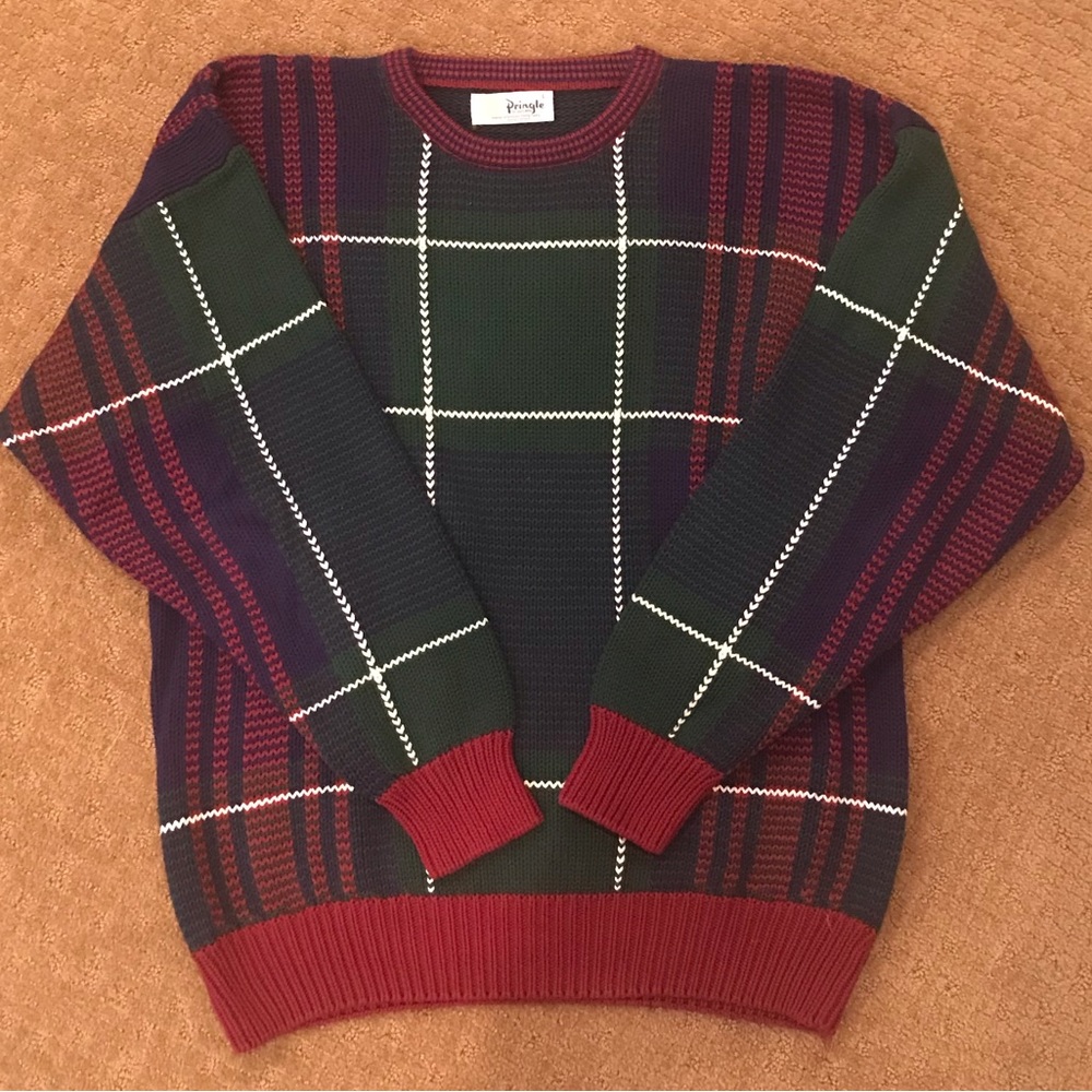 Vintage 90s men’s Plaid Sweater.Pringle of Scotland brand. Burgundy, navy, green